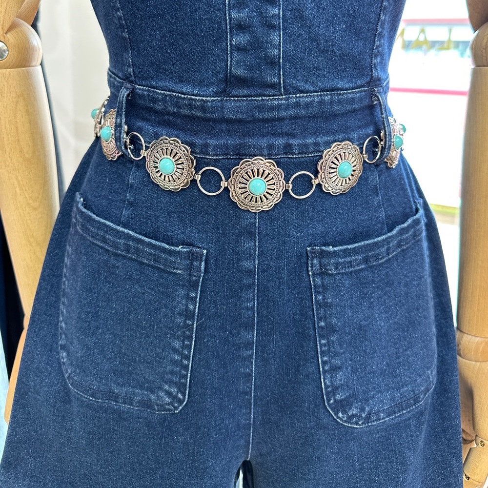 Western Silver and Turquoise Concho Waist Chain Belt for Women - Picture 4 of 10